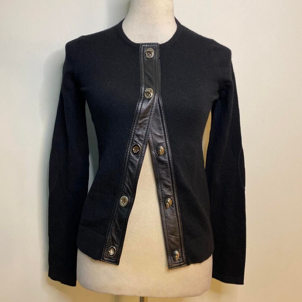 y2k Coach black wool & cashmere cardigan with leather trim and metal buttons